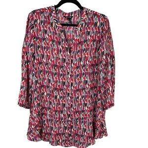 Nic + Zoe Bird Printed Long Sleeve Button Down Tunic Top Medium Red Grey